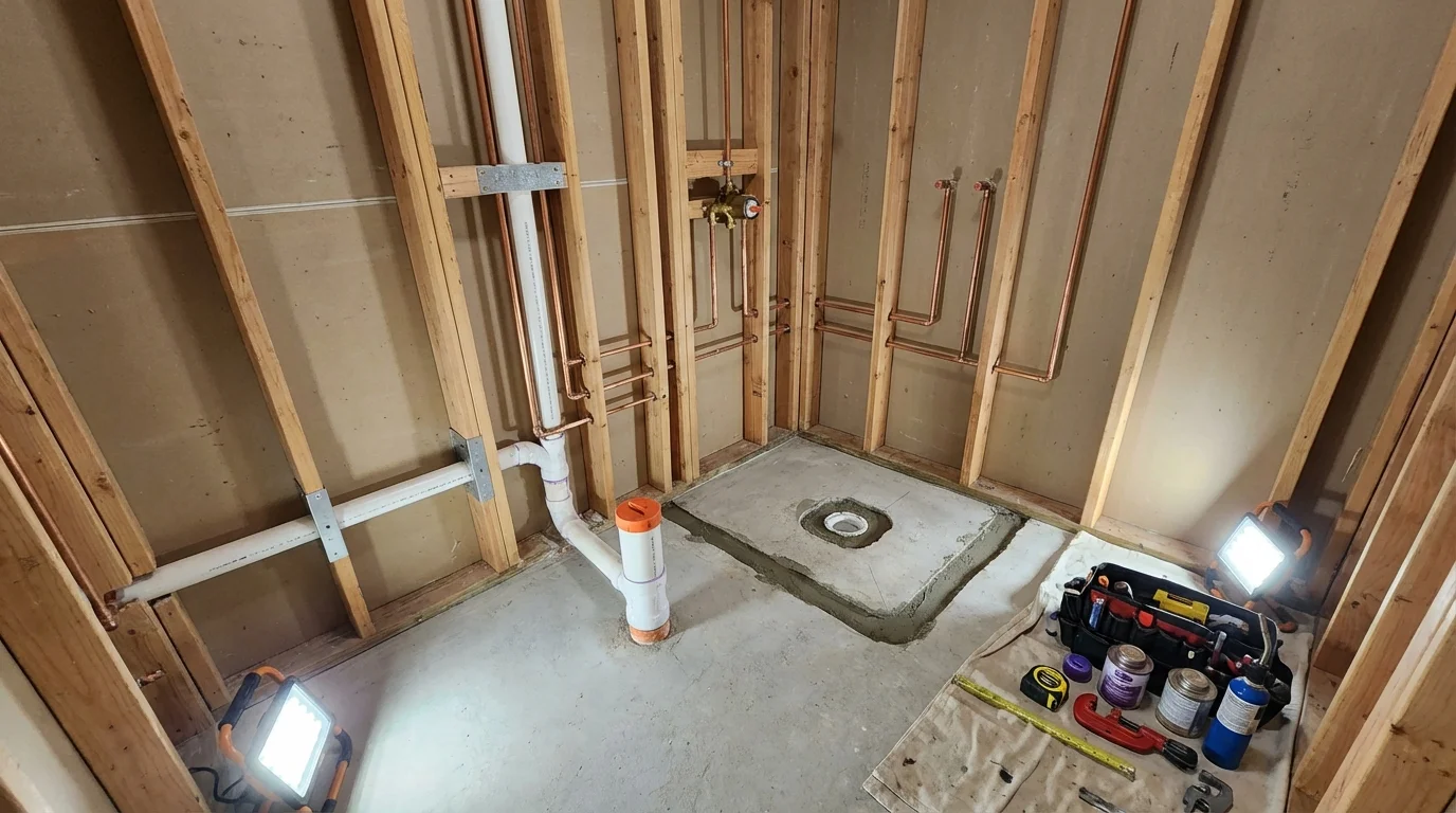 Bathroom rough-in plumbing during remodel by Johns Plumbing LLC in Eutaw