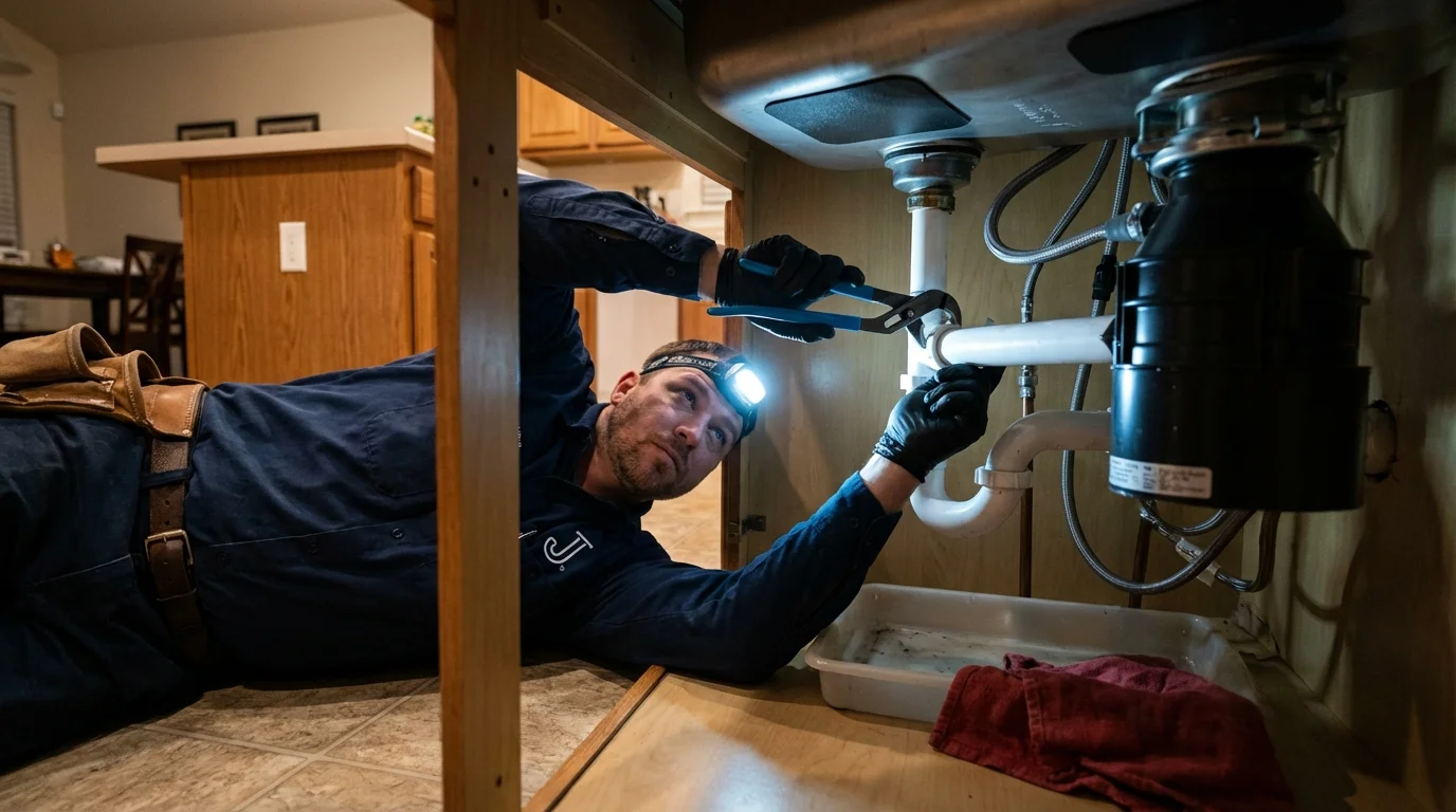 P-trap and supply line connections under a kitchen sink showing a common leak point in Eutaw, AL